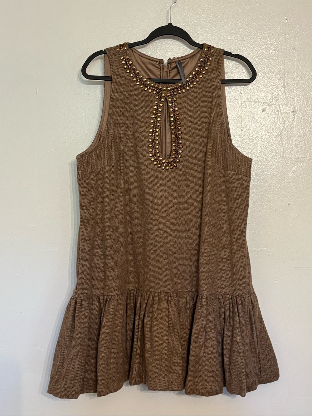 Women’s Brown Beaded Neckline Drop-Waist Dress